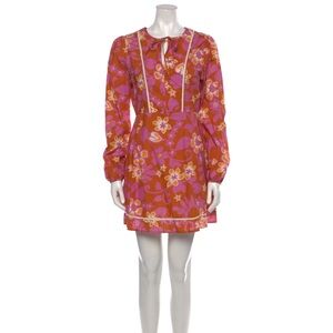 Warm 70s Style Floral Pink and Orange Long Sleeve Dress Zip Back Size 1